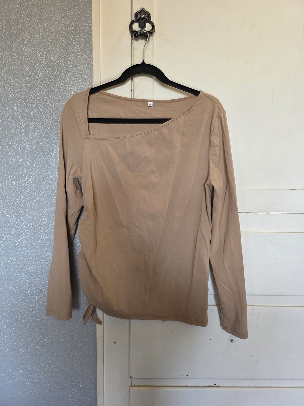 Asymmetric Neck Long-Sleeve Top - Beige